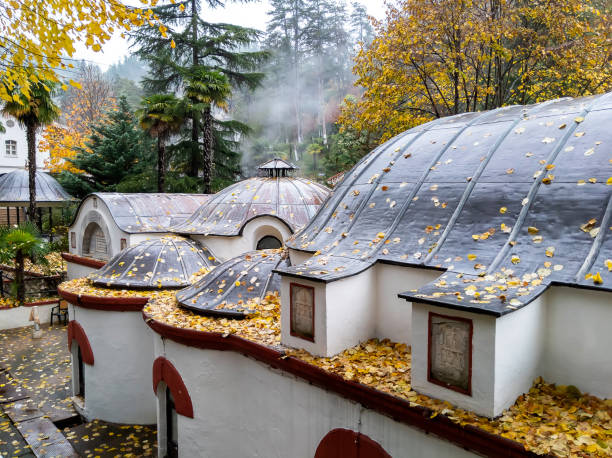 termal park e banhos são vistos em termal, yalova, popular spa de primavera térmica na turquia no outono - yalova - fotografias e filmes do acervo