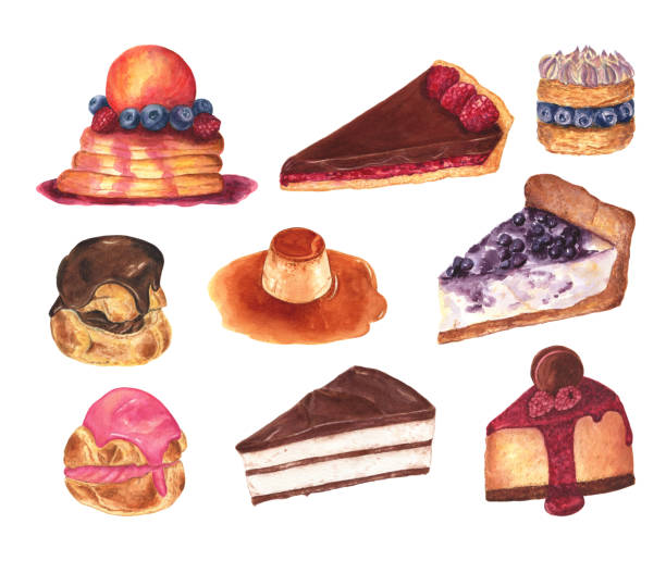 illustrations, cliparts, dessins animés et icônes de illustration d’aquarelle des crêpes avec des baies et de la crème glacée, tarte de framboise, gâteau de myrtille, profiteroles de fraise et de chocolat, soufflé de caramel, gâteau au fromage de myrtille, soufflé de lait et de chocolat et gâteau d - tart dessert chocolate fruit