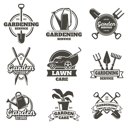 Gardening emblems. Vintage gardening, lawn care, groundwork and landscaping badges. Garden work labels isolated vector illustration set. Gardening service, company logo collection