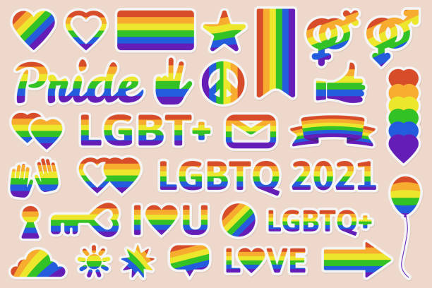 istock Lgbtq pride elements. Pride lgbt community rainbow flags, freedom, peace and love symbols. Gay parade month stickers vector illustration set 1303033638