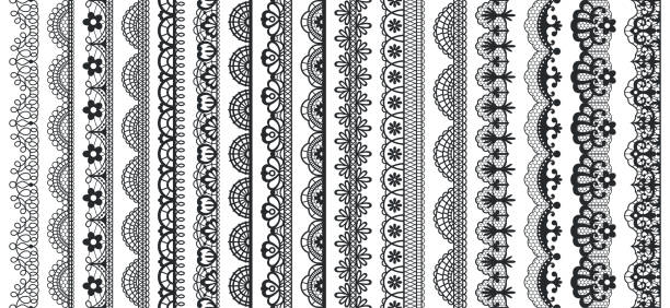 illustrations, cliparts, dessins animés et icônes de éléments de modèle de dentelle. bordures de dentelle figurée transparentes vintage, belle décoration de dentelle de mariage. ensemble d’illustration vectorielle de frontières de dentelle noire - dentelle en matière textile