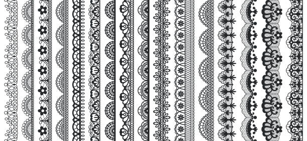 Lace pattern elements. Vintage seamless figured lace borders, beautiful wedding lace decoration. Black lace borders vector illustration set Lace pattern elements. Vintage seamless figured lace borders, beautiful wedding lace decoration. Black lace borders vector illustration set. Seamless black gorgeous stripe, delicate simple pattern black lace stock illustrations