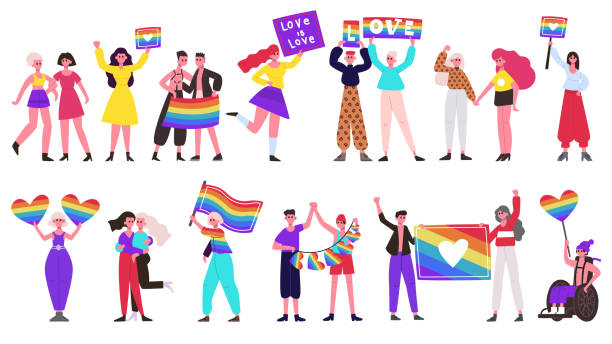 Pride parade. Lgbtq community movement, lesbian, gay, bisexual and transgender people group with rainbow flags and hearts. Love parade vector illustration set Pride parade. Lgbtq community movement, lesbian, gay, bisexual and transgender people group with rainbow flags and hearts. Love parade vector illustration set. Lgbtq rainbow freedom parade for rights lesbian flag stock illustrations