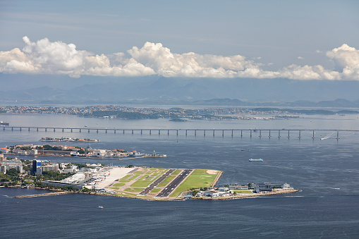 Rio de Janeiro, Brazil - January 22, 2020: Santos Dumont airport at the shore of Guanabara Bay, domestic airport of Rio de Janeiro, aerial view.