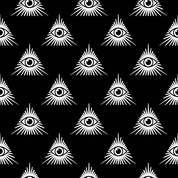 Black Pyramid Eye Seamless Pattern Vector seamless pattern of black and white pyramid eye triangles on a square black background. magic eye pattern stock illustrations