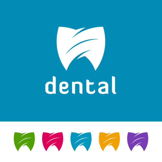 Abstract Dentistry Logo Designs Shield shaped abstract tooth icons on white and blue background. Minimal logo design for dental. orthodontic logos stock illustrations