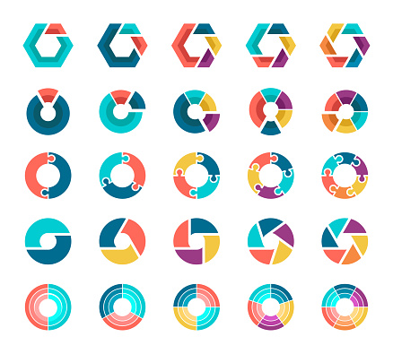 Vector illustration colorful pie chart collection with 2,3,4,5,6 sections or steps.