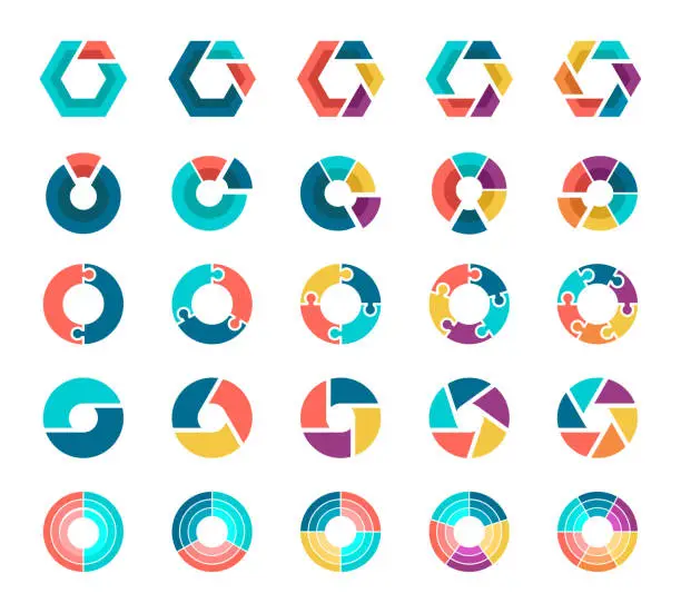 Vector illustration of Colorful pie chart collection with 2,3,4,5,6 sections or steps.