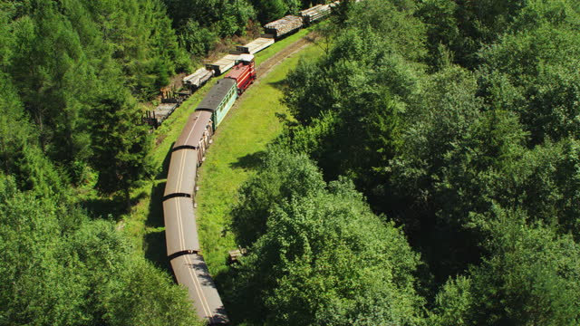 Old tourist train moving through Białowieża forest and surrounding fields. Aerial view