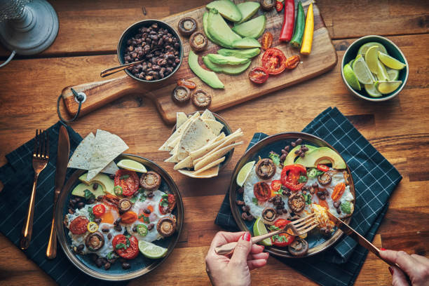 istock Mexican Style Breakfast with Eggs, Mushrooms, Beans, Tomatoes, Avocado and Tortilla 1303037523