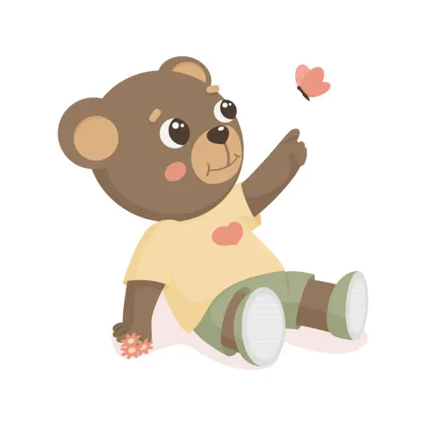 Vector illustration of Cute baby bear playing with butterfly