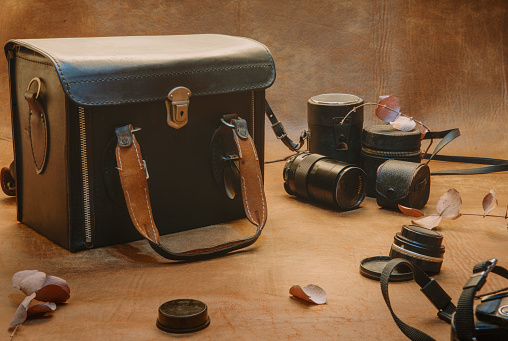 old style camera photo antique  still life and vintage lenses