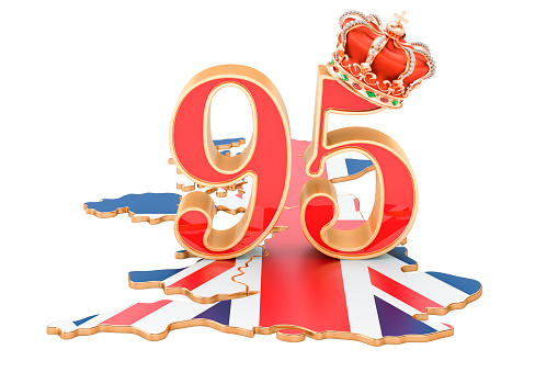 UK Queen's Anniversary 95 concept with crown map, 3D rendering isolated on white background