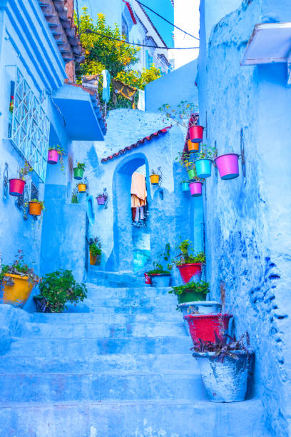 Chefchaouen, a city with blue painted houses and narrow, beautiful, blue streets, Morocco, Africa Chefchaouen, a city with blue painted houses and narrow, beautiful, blue streets, Morocco, Africa chefchaouen photos stock pictures, royalty-free photos & images