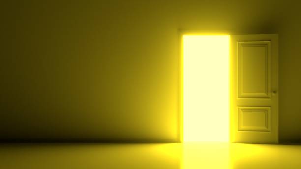 istock Yellow sunny light inside the open white door on warm background. Room interior design element. Modern minimal concept. Opportunity metaphor. Sunny room. 3D render 1303043960
