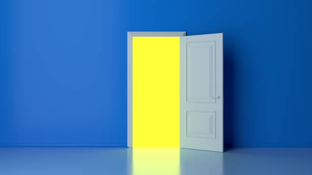 istock Yellow light inside the open white door isolated on blue background. Room interior design element. Modern minimal concept. Opportunity metaphor. 3D render 1303043990