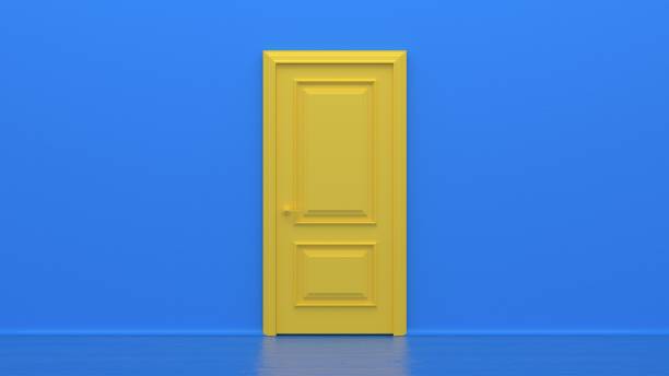 istock Yellow closed door on blue background. Frame on blue Wall in the Empty Room. Interior Design Element. Design Template for Graphics. 3d render 1303043998