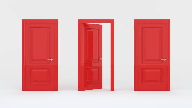 Photo of Two closed red doors and one open door isolated on a white background. Creative glamorous minimal style. Choice, business and success concept. 3d render