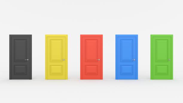 istock Five closed multicolored doors isolated on white background. Black, yellow, red, blue, green colors. Creative glamorous minimal style. 3d render 1303044406