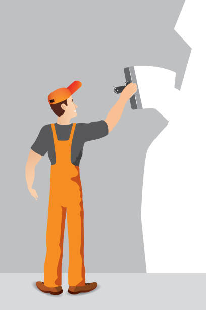 Illustration of worker with spatula and plaster doing renovation Illustration of worker with spatula and plaster doing renovation mixing cement stock illustrations
