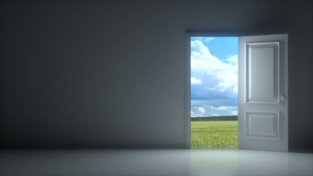istock Doors opening to reveal beautiful sky in dark grey room. 3D render 1303045023