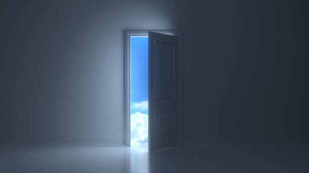 istock Doors opening to reveal beautiful sky in dark grey room. 3D render 1303045024