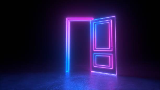 astratto porta aperta all'universo. concetto di sfondo della porta al neon cyberpunk. neon viola rosa. il neon astratto modella la porta laser a led ologramma. telaio al neon incandescente. concetto grafico 3d moderno. rendering 3d - vano della porta foto e immagini stock