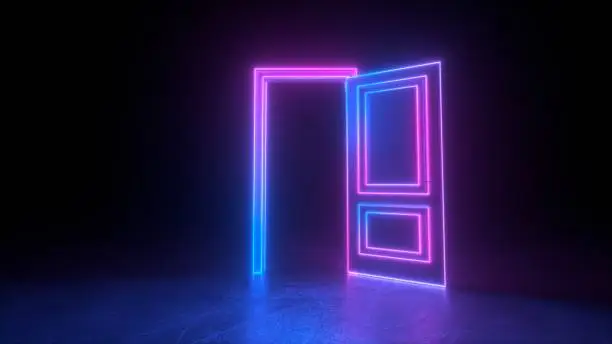 Photo of Abstract open door to universe. Cyberpunk neon door background concept. Pink violet neon. Abstract neon shapes hologram led laser door. Glowing neon frame. Modern 3d graphic concept. 3D rendering