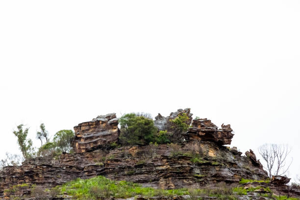 Top of the rocky cliff, white background with copy space, full frame horizontal composition