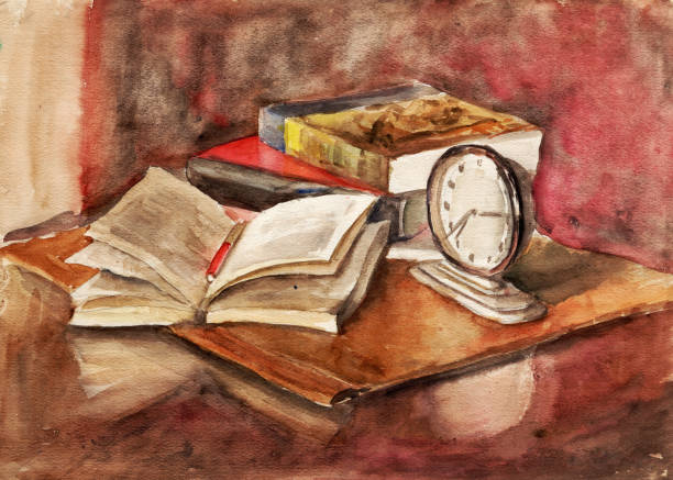 Watercolor still life. A stack of books, a leather folder, a vintage old alarm clock on a polished table against the background of a red carpet hanging on the wall Watercolor still life. A stack of books, a leather folder, a vintage old alarm clock on a polished table against the background of a red carpet hanging on the wall 1970 pictures stock illustrations