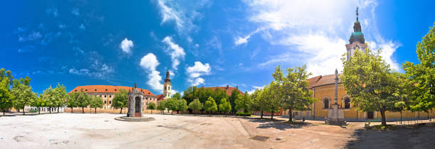 Town of Karlovac main square architecture and nature panoramic view, central Croatia