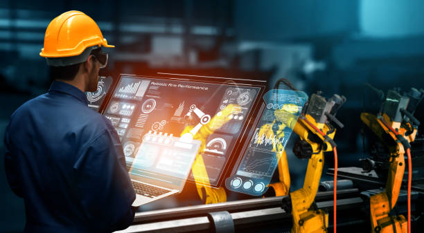 istock Smart industry robot arms for digital factory production technology 1303047701