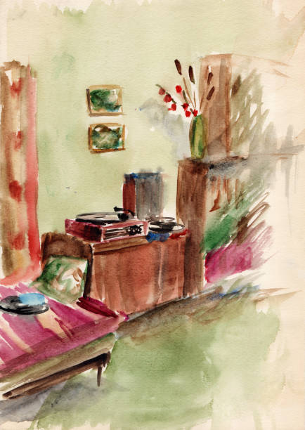 Watercolor sketch drawing of the small soviet apartment interior. Living room, cabinet with old vintage turntable, vinyl records, bookshelves, couch with woven rug, green carpet on the floor Watercolor sketch drawing of the small soviet apartment interior. Living room, cabinet with old vintage turntable, vinyl records, bookshelves, couch with woven rug, green carpet on the floor 1970 pictures stock illustrations