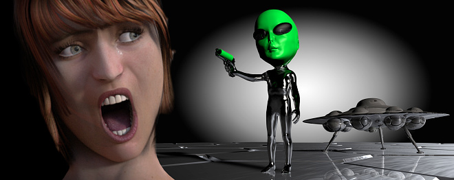 Humanoid alien with photo realistic highly detailed skin texture isolated on black background, 3D illustration
