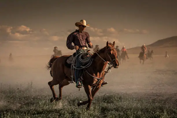 Photo of In foreground, a young cowboy on his horse during the run of the horses and, in background, a group of eight cowboys and cowgirls supervising the run of the horses.