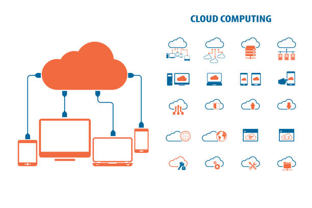 ilustraciones, imágenes clip art, dibujos animados e iconos de stock de conjunto de iconos de computación en la nube - cloud server