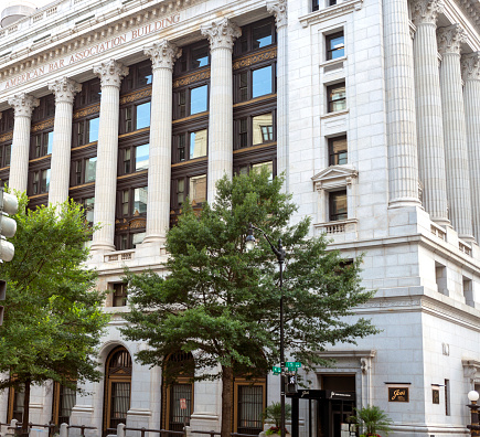 Washington, D.C., USA - July 11, 2014: American Bar Association in the Union Trust Building, opened 1906, architect George A. Fuller, Neoclassical style, 740 15th Street, sunny day, no people