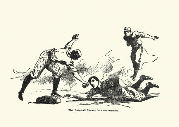 базовый бегун быть помечены, викторианский бейсбольный матч, 1890-х годов - 1st base illustrations stock illustrations