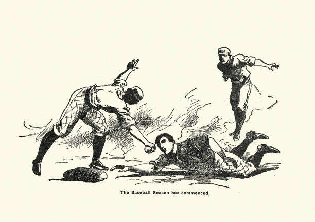 Base runner being tagged out, Victorian baseball match, 1890s Vintage illustration of Baserunner being tagged out, Victorian baseball match, 1890s, 19th Century 1st base illustrations stock illustrations