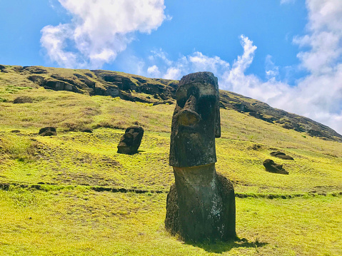 A group of Moais statues at Rano Raruku volcano, Easter Island National Park, Easter Island (Isla de Pascua), Rapa Nui, Chile, Latin America in a sunny summer blue day.\n\nVisiting and sightseeing Latin America destination.\n\nLatin America / Chile / Rapa Nui travel concept.