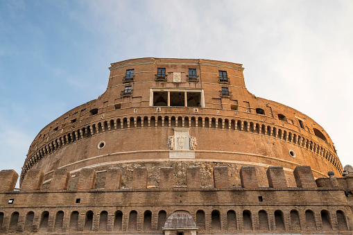 Rome, Italy - September 07, 2019: Exterior view of Castel Sant'Angelo, also known as Mausoleum of Hadrian. It is a towering cylindrical building in Parco Adriano in Rome.