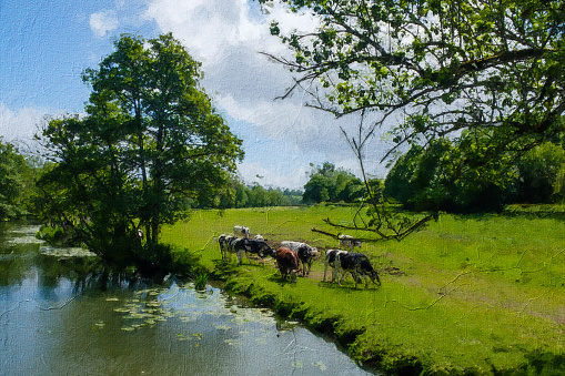 Abstract oil painting texture background. Digital Illustration imitating oil painting on canvas of the English countryside in Summer with cows standing in the shade of a tree