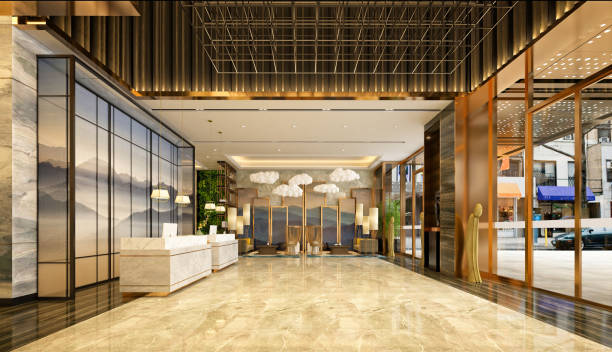 istock 3d render of luxury hotel reception and lobby 1303067218