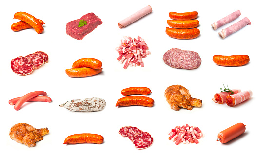 Collage of various sausage collection on white background