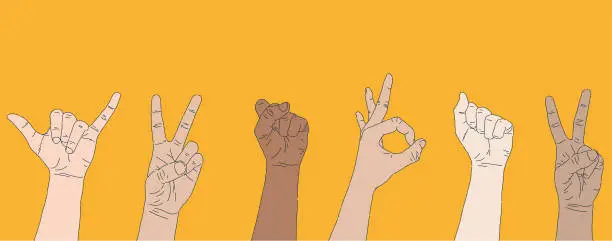 Vector illustration of Multiple hand gestures showing diversity