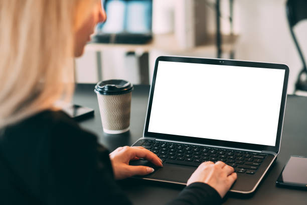 istock online conference woman laptop blank white screen 1303075507