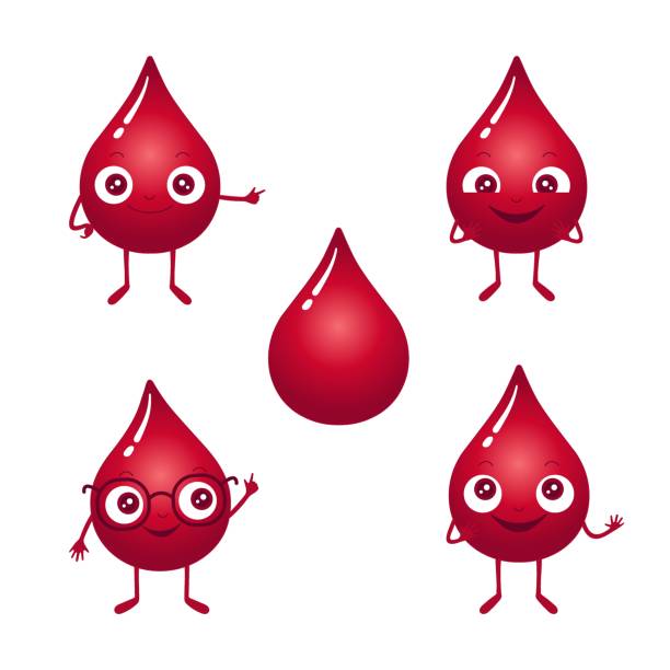Vector illustration of red blood drops. Smiling drop cartoon characters. World blood donor day, medical blood test and donation concept. Smart drop in glasses, signing to the side, looking up. Vector illustration of red blood drops. Smiling drop cartoon characters. World blood donor day, medical blood test and donation concept. Smart drop in glasses, signing to the side, looking up. blood illustrations stock illustrations