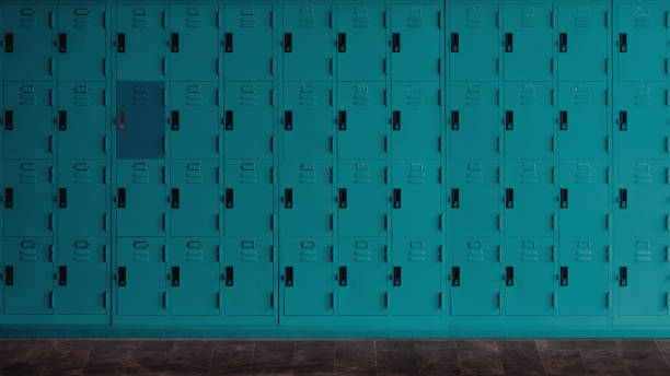 Row of high school green lockers for background.