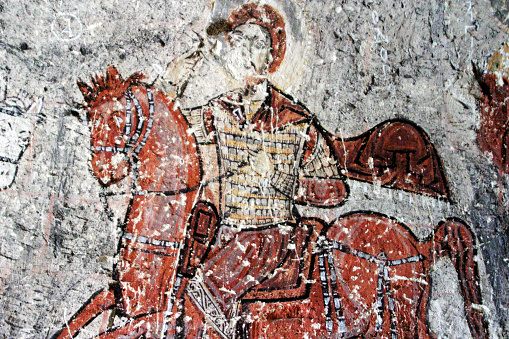 Christian frescoes at cave in Goreme District, Aksaray, Cappadocia, Turkey.
