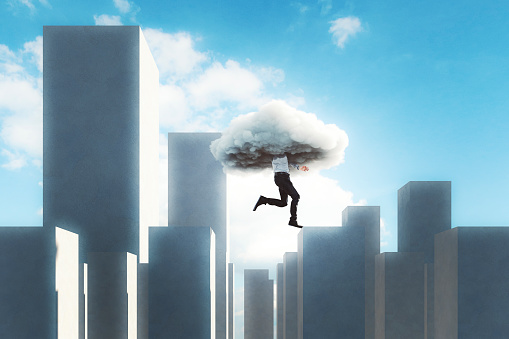 Businessman jumping over concrete blocks, 3D generated image.